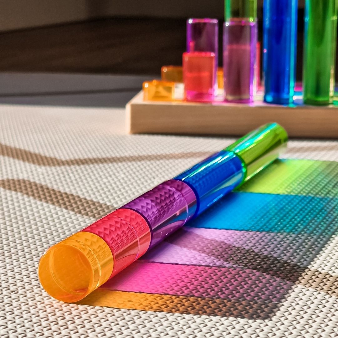 Bauspiel blokkenset met acrylblokjes in cilindervorm en houder 