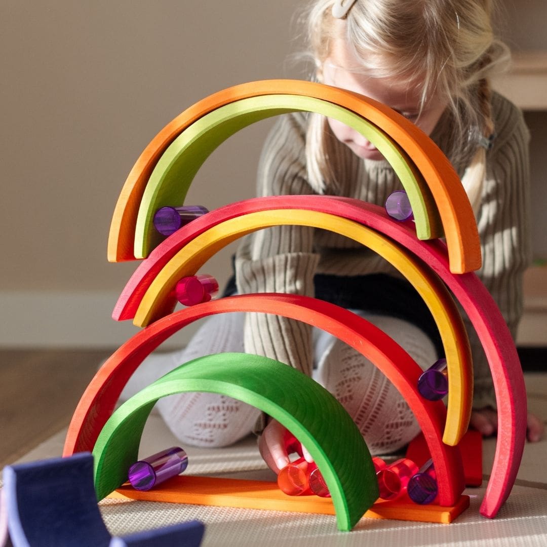 Bauspiel blokkenset met acrylblokjes in cilindervorm en houder 