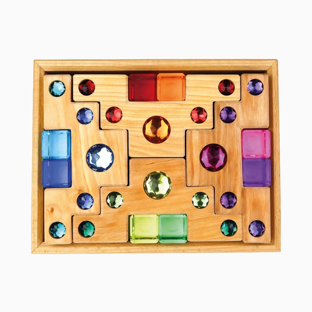 Bauspiel houten blokkenset met licht doorlatende acryl blokken en trapblokken met glinsterstenen