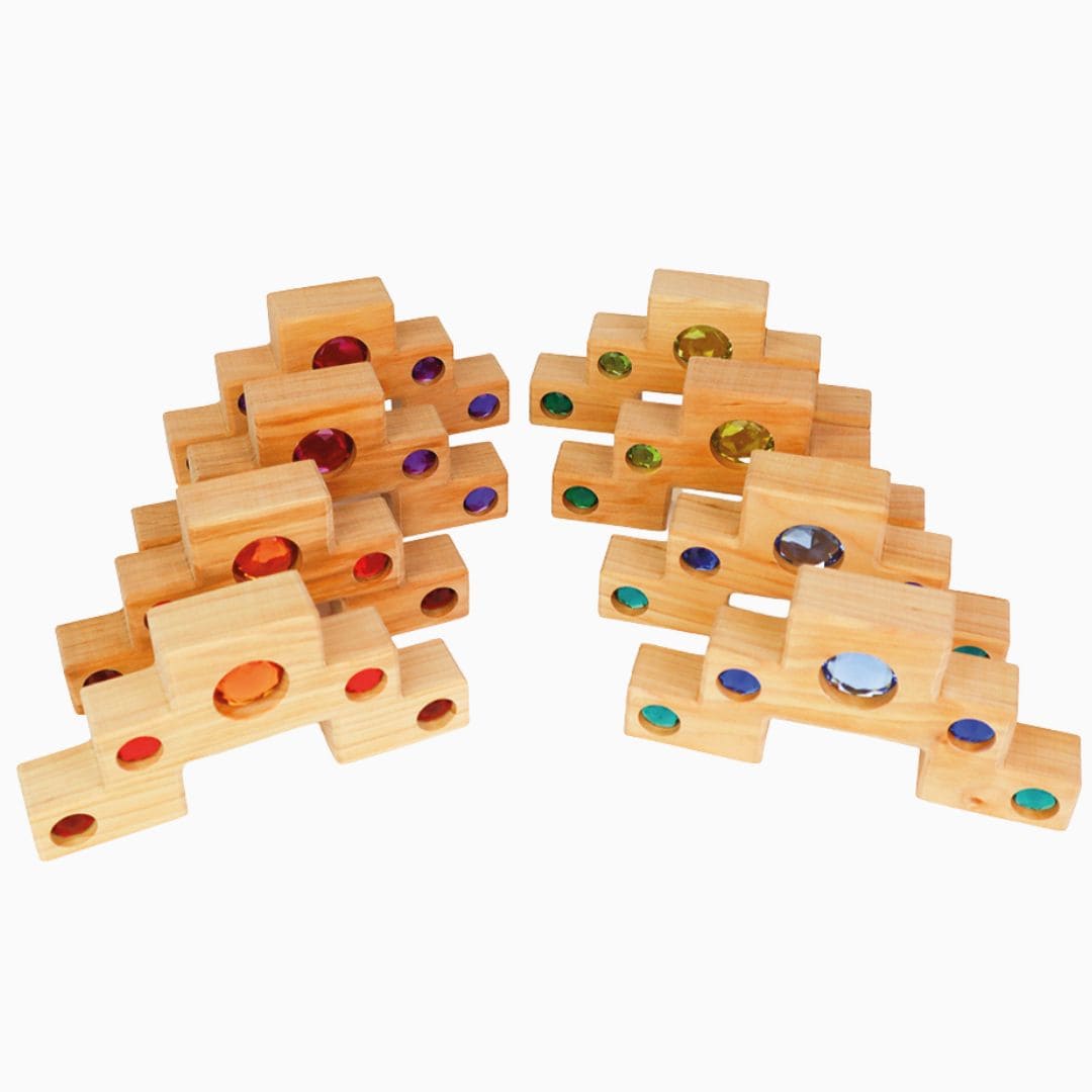 Bauspiel houten blokkenset met licht doorlatende acryl blokken en trapblokken met glinsterstenen