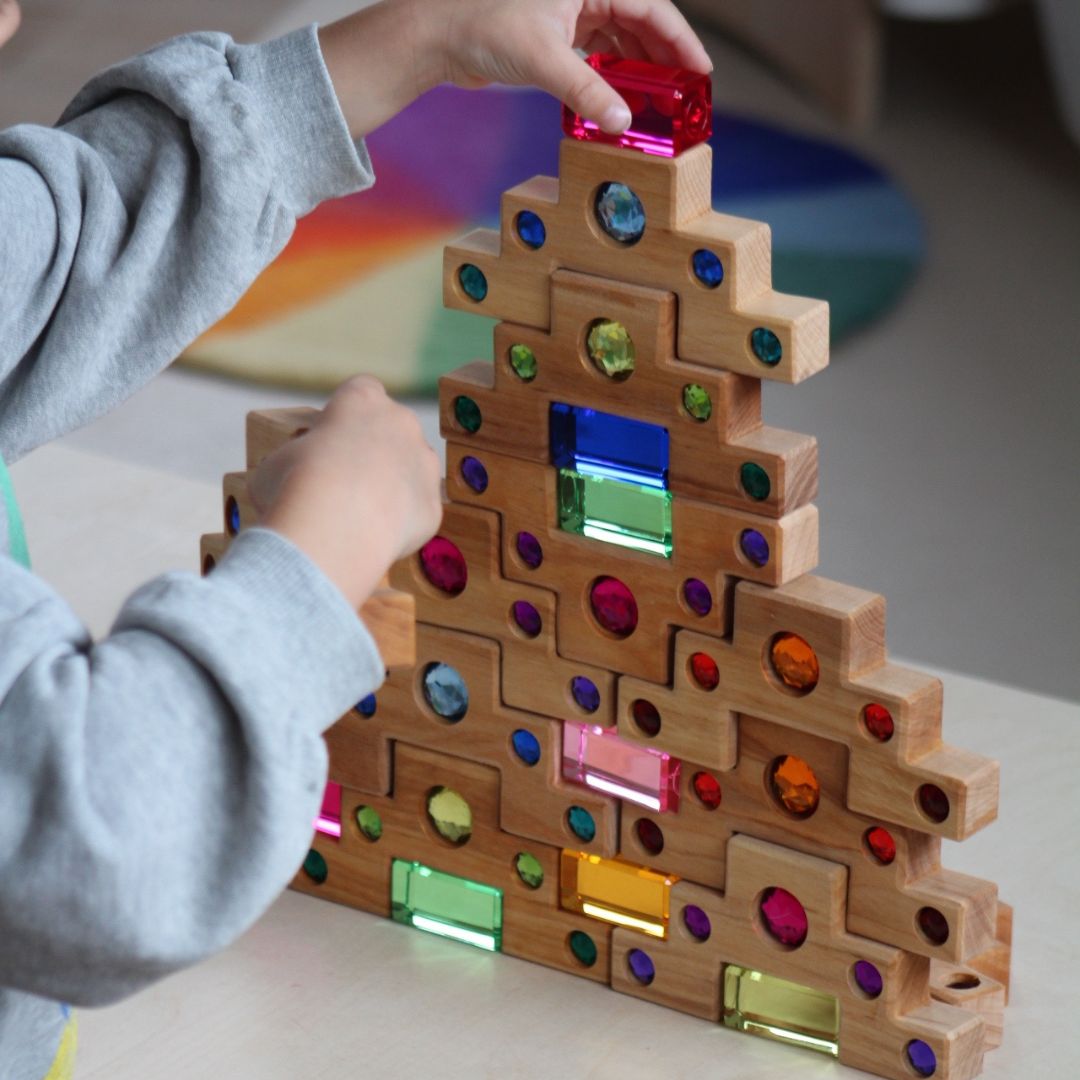 Bauspiel houten blokkenset met glinster trapblokken en licht doorlaten acryl blokken