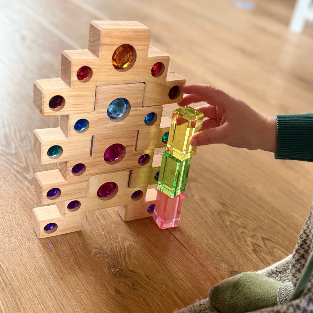 Bauspiel houten blokkenset met licht doorlatende acryl blokken en trapblokken met glinsterstenen