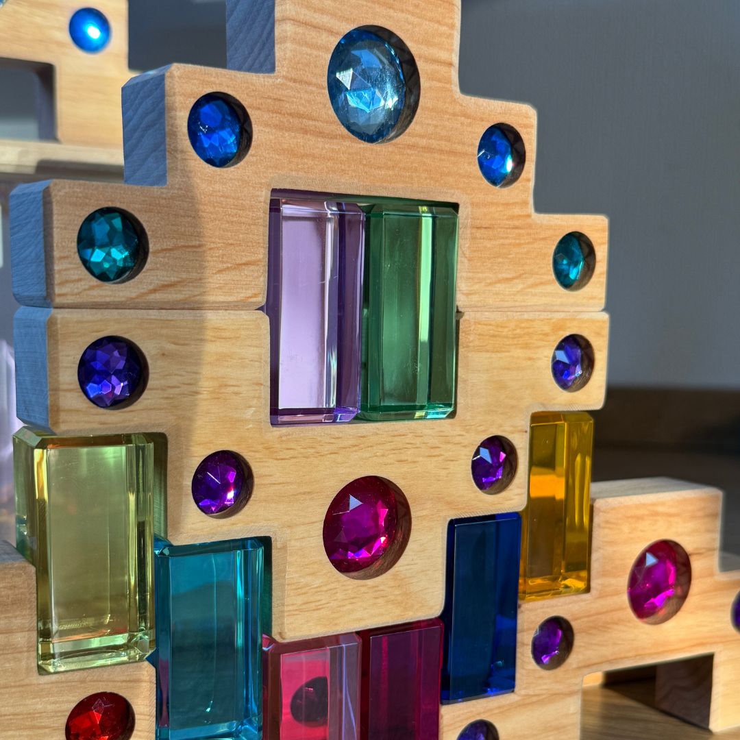 Bauspiel houten blokkenset met licht doorlatende acryl blokken en trapblokken met glinsterstenen