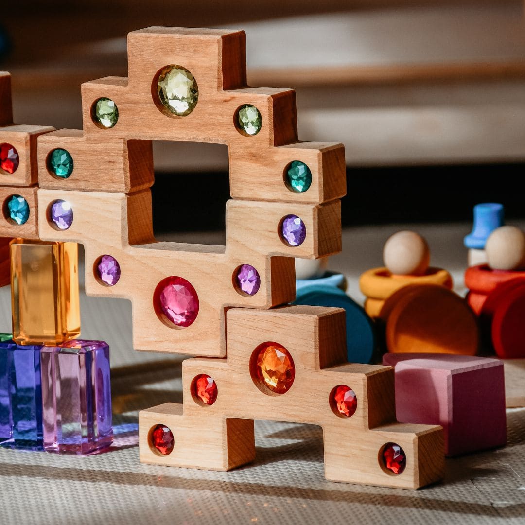 Bauspiel houten blokkenset met glinster trapblokken en licht doorlaten acryl blokken
