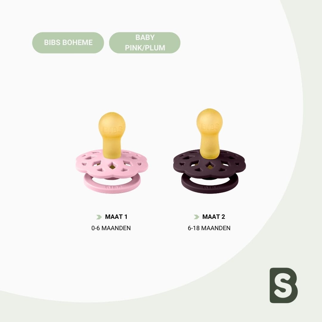 BIBS Boheme fopspeen met ronde speen van latex in de kleuren plum paars en baby pink roze
