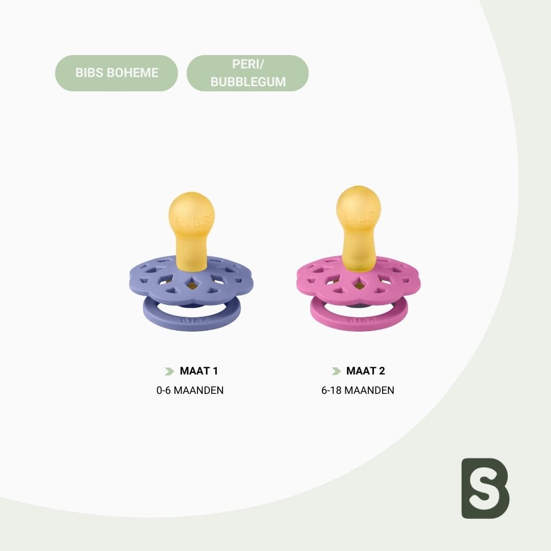 BIBS Boheme fopspeen met ronde speen van natuurrubber in de roze kleur bubblegum en paarse kleur peri