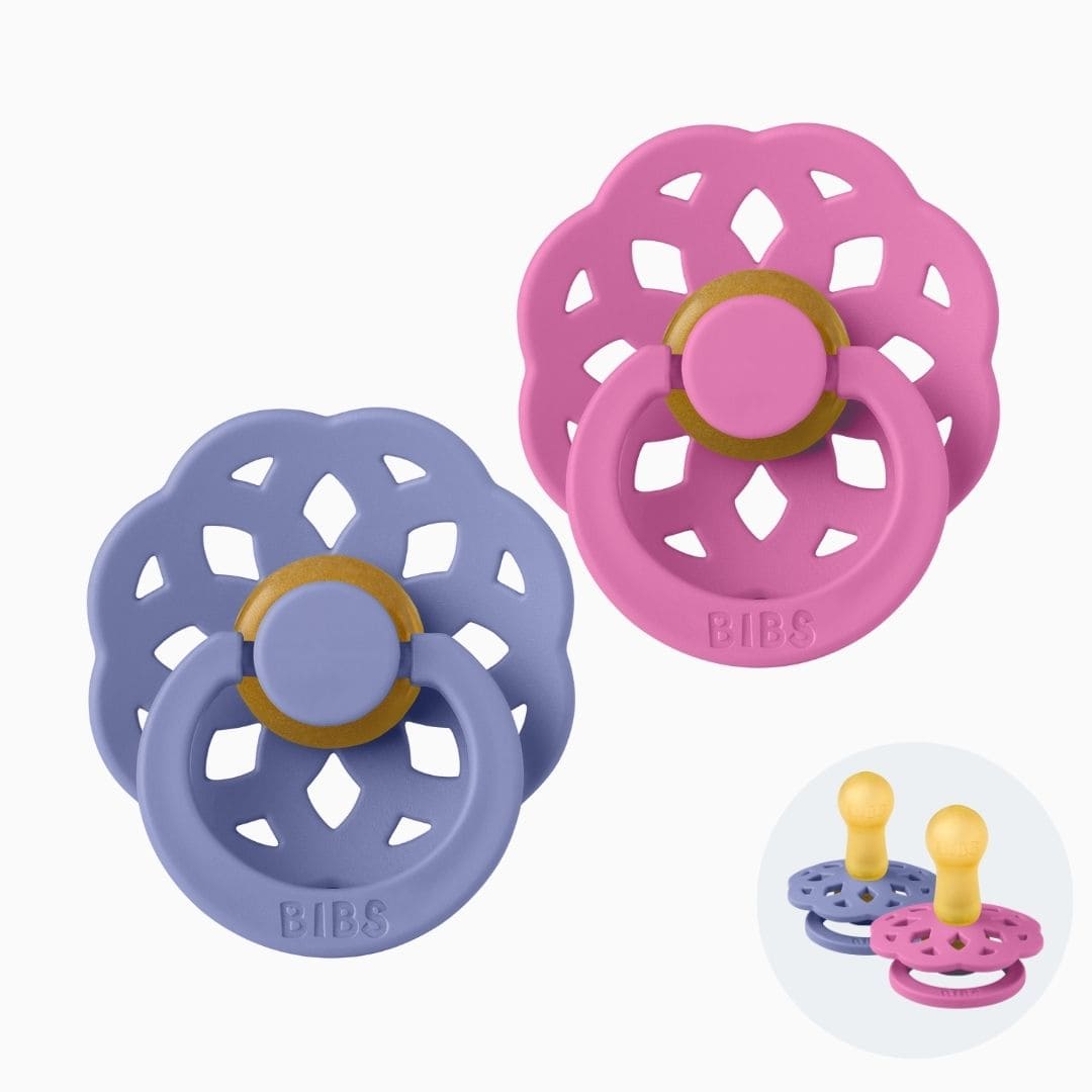 BIBS Boheme fopspeen met ronde speen van natuurrubber in de roze kleur bubblegum en paarse kleur peri