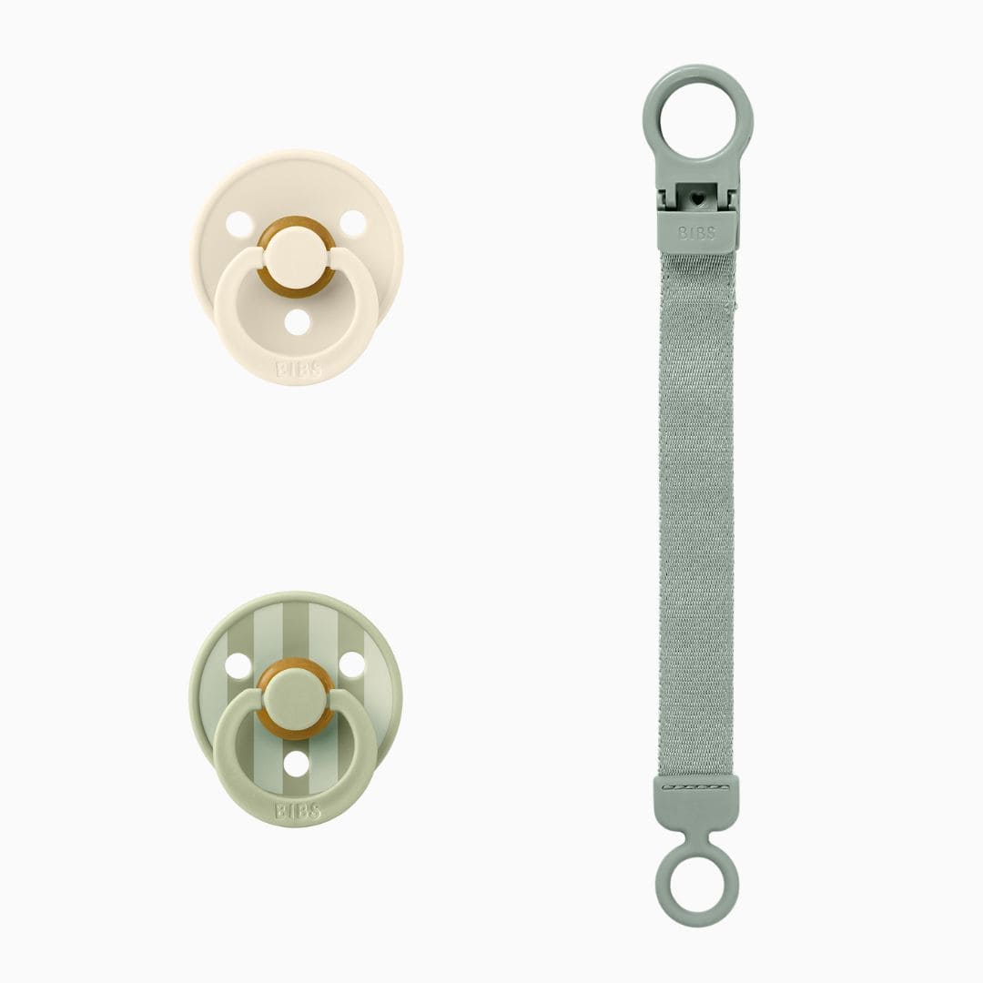 BIBS cadeauset speenkoord met spenen in ivory en sage oudgroen