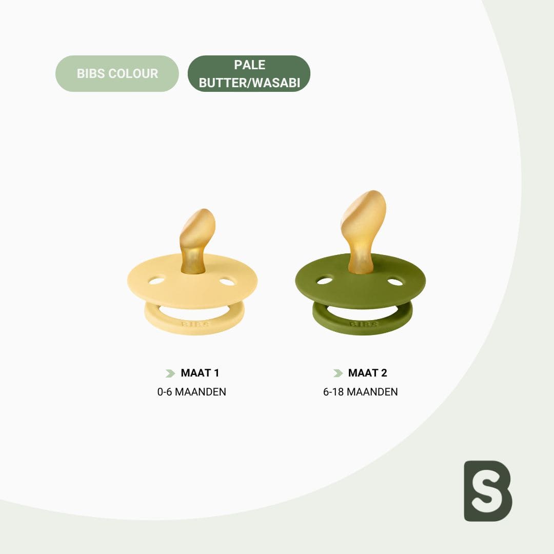 BIBS orthodontische speen in de kleuren Pale Butter en Wasabi