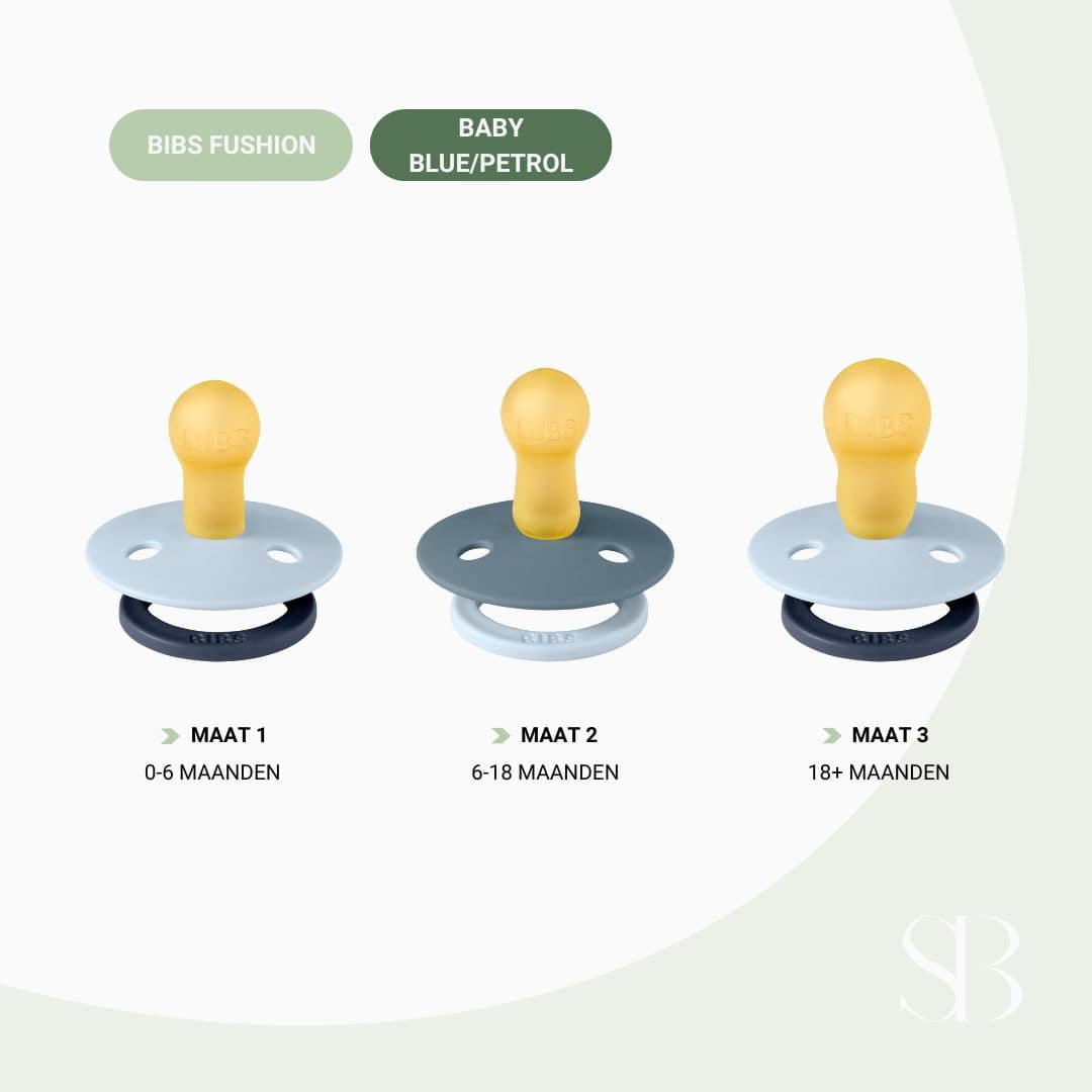 BIBS speen met ronde speenvorm van natuurrubber latex uit de fusion collectie in de blauwe kleuren baby blue en petrol