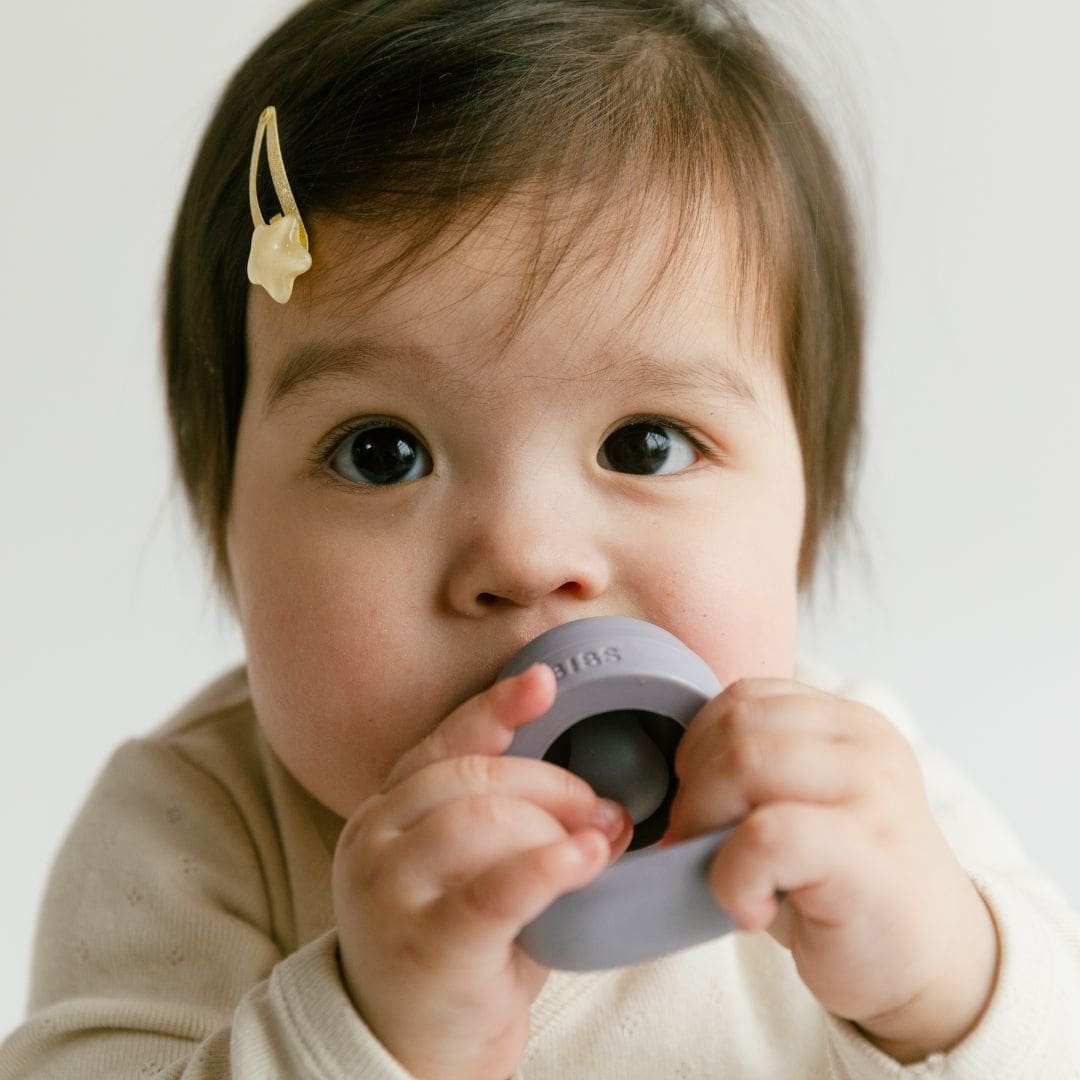 BIBS baby feeder siliconen fruitspeen in de kleur fossil grey paars