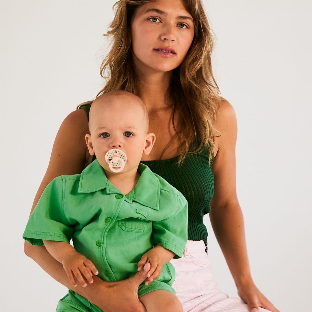 BIBS fopspeen polka dots met ronde speen van latex in de roze kleur getal en groene kleur cactus