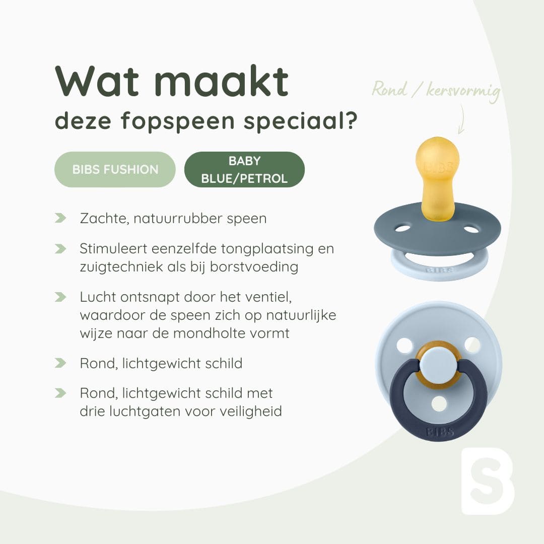BIBS speen met ronde speenvorm van natuurrubber latex uit de fusion collectie in de blauwe kleuren baby blue en petrol