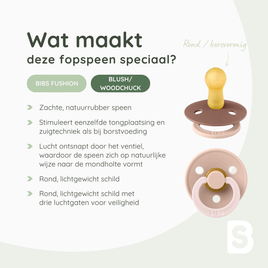 BIBS speen met ronde speen van natuurrubber latex uit de fushion collectie in de roze tinten blush en woodchuck