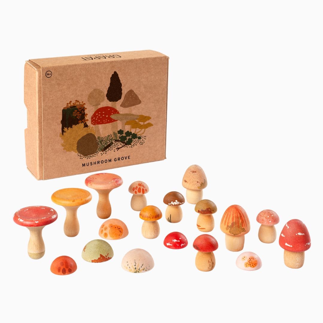 Grapat houten paddenstoelen set