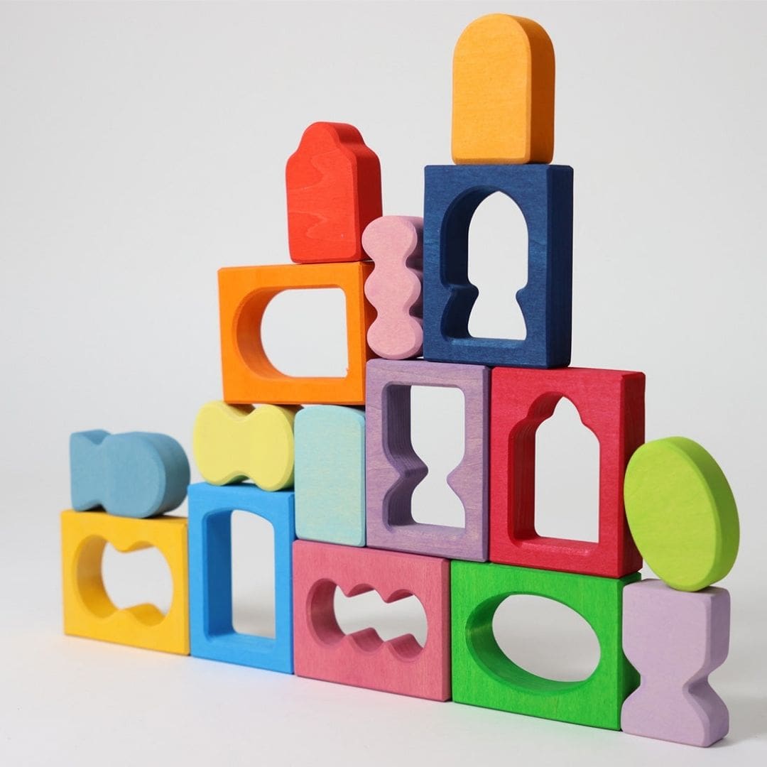 grimms houten blokken puzzel met vormen en vensters