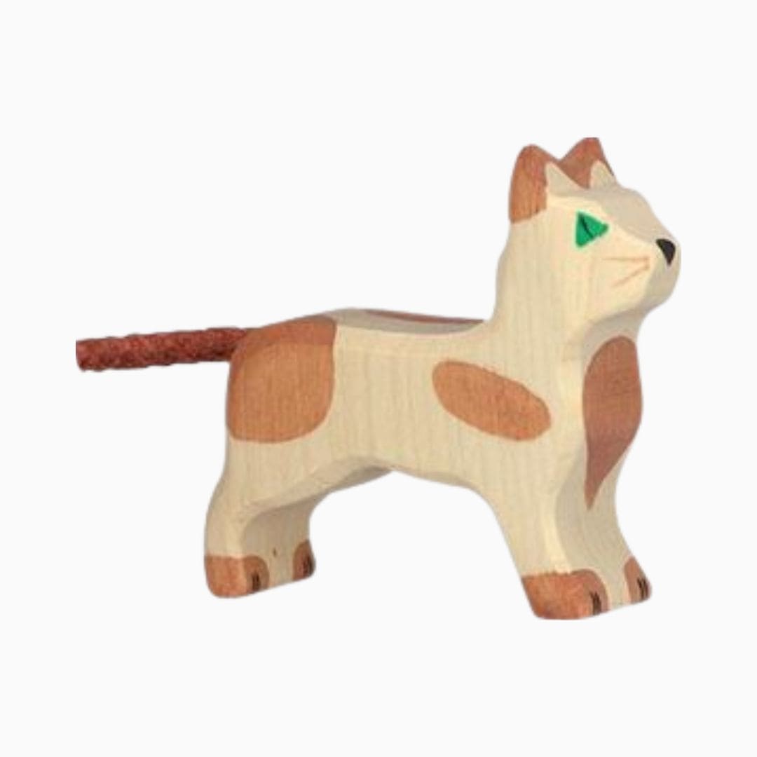 Holztiger houten kat met bruine vlekken en groene ogen