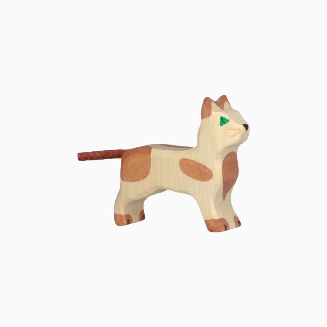 Holztiger houten kat met bruine vlekken en groene ogen