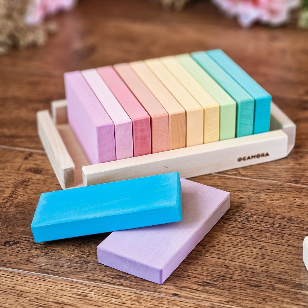 Ocamora houten blokken set met rechthoekige blokken in pastel kleuren