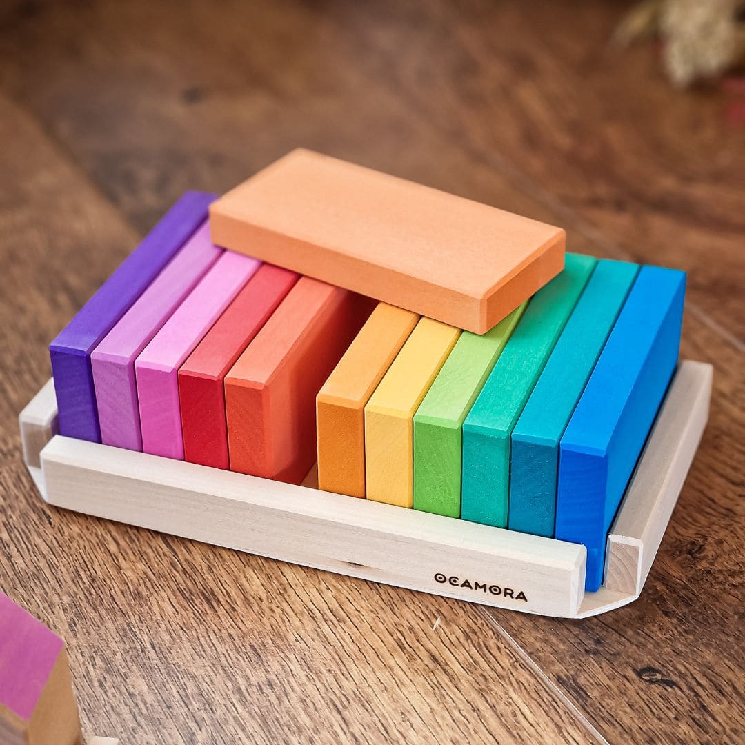 Ocamora houten blokken set regenboog met 12 rechthoekige blokken
