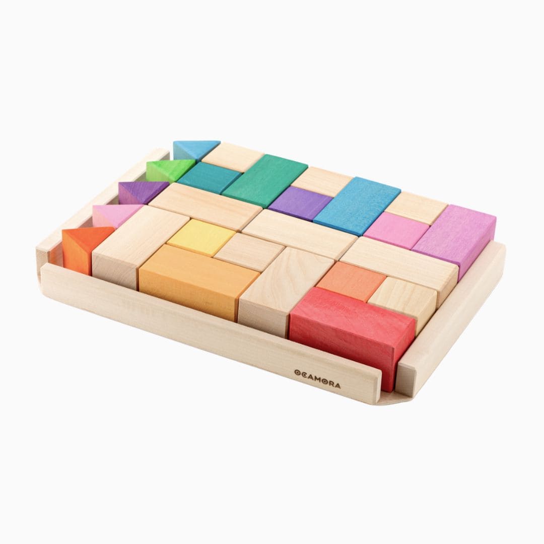 Ocamora houten bouwblokken set in regenboogkleuren