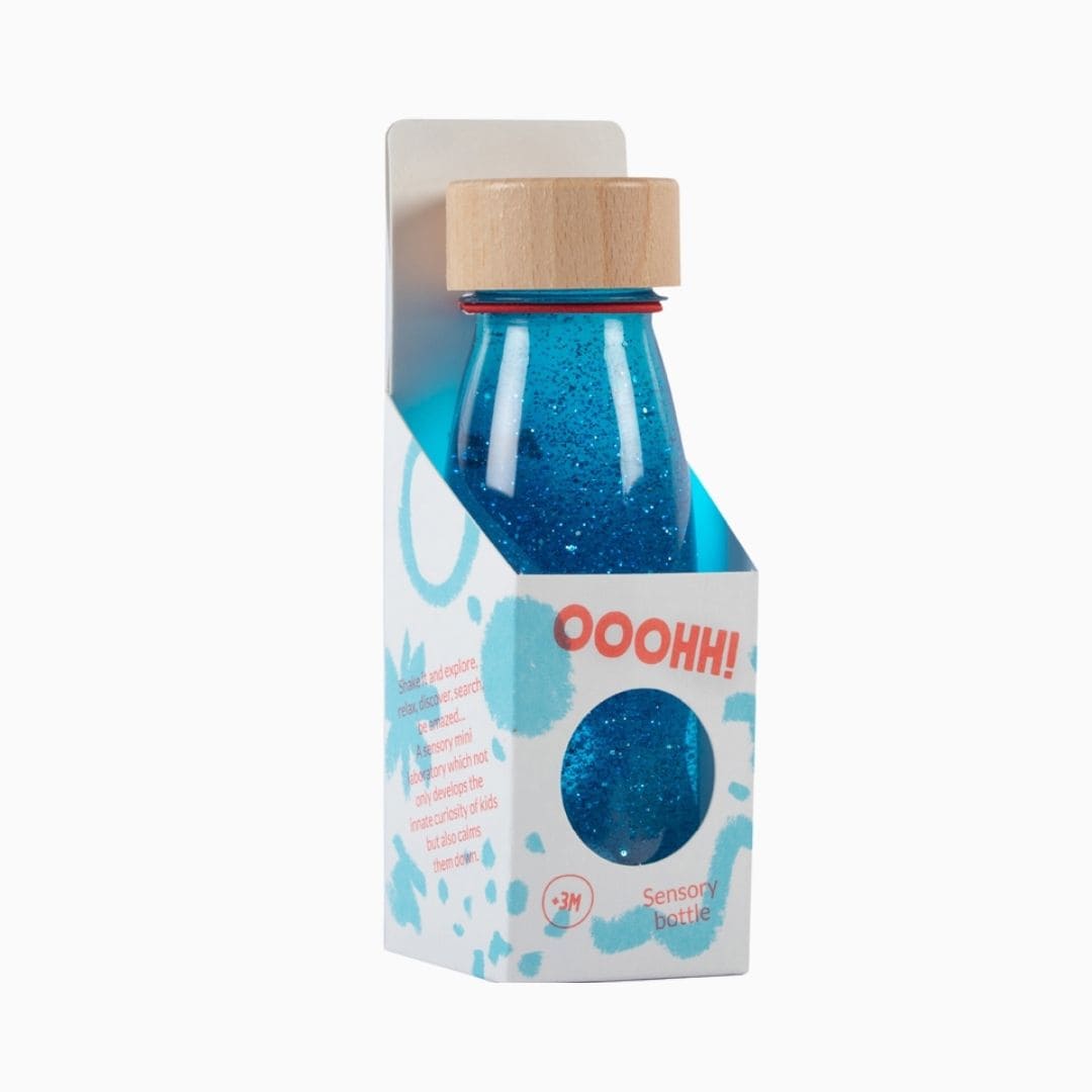 Petit Boum sensorische fles met glitters, pailletten en pompons in de kleur blauw