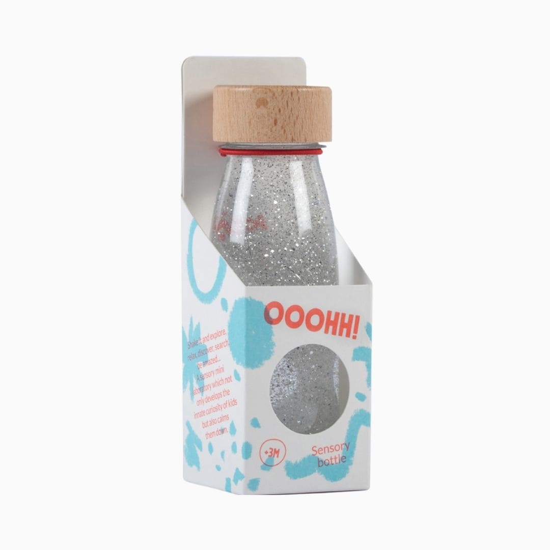 Petit Boum sensory bottle sensorische fles met glitters, pailletten en pompon in de kleur zilver