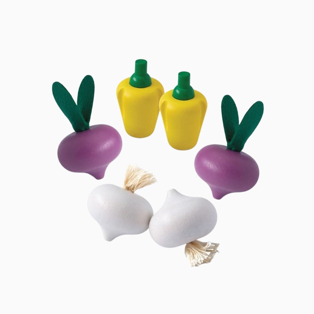 PlanToys verse groenten set - rode radijs, knoflook, gele paprika's