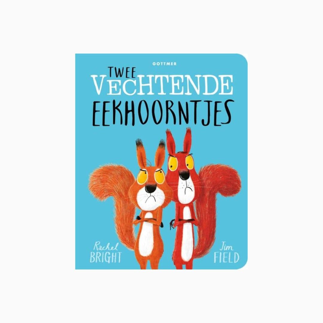 Kartonnen versie van het prentenboek 'Twee vechtende eekhoorntjes' van Rachel Bright