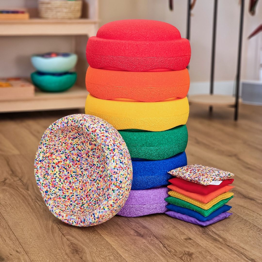 Stapelstein aanbieding voordeelbundel regenboog met super confetti steen en pittenzakjes
