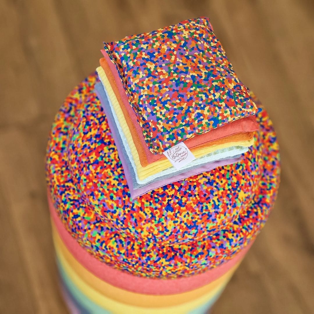 Stapelstein aanbieding voordeelbundel pastel met regenboog confetti steen en pittenzakjes