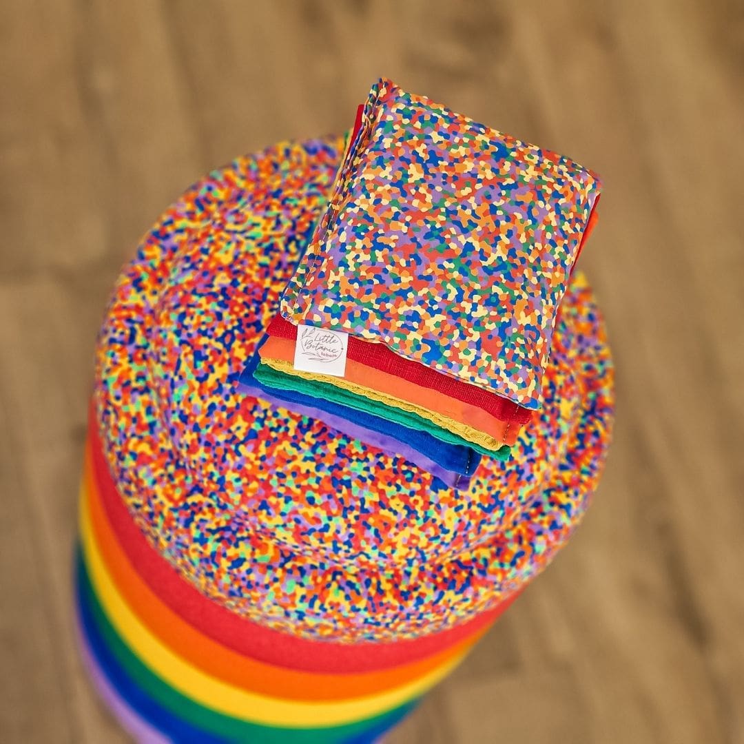 Stapelstein aanbieding voordeelbundel regenboog met regenboog confetti steen en pittenzakjes