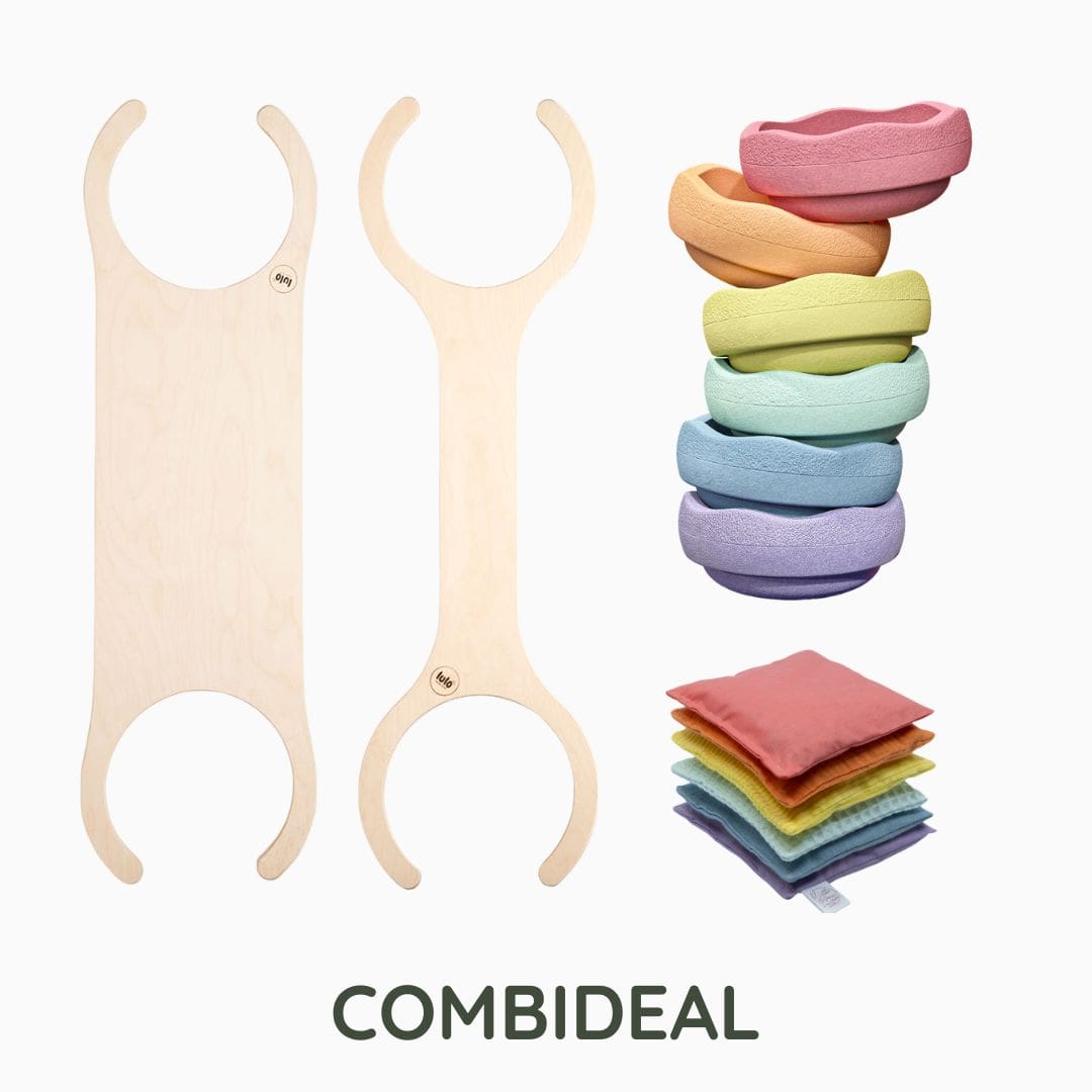 Stapelstein actie met balansplanken, stenen en pittenzakjes in pasteltinten