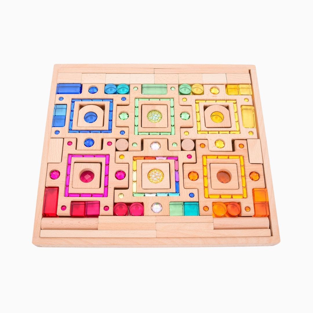 tickit houten blokkenset met glinsterstenen en lucent cubes om te bouwen en puzzelen