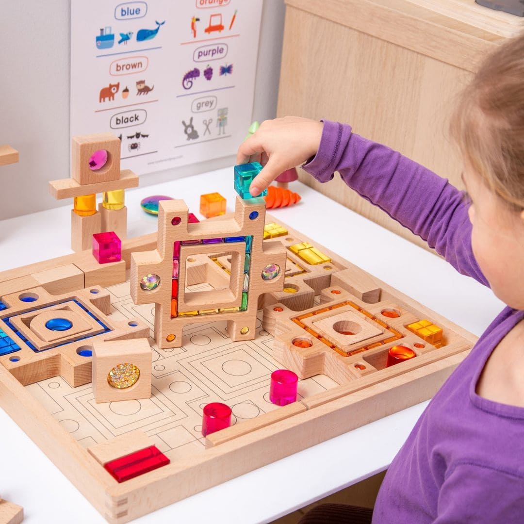 tickit houten blokkenset met glinsterstenen en lucent cubes om te bouwen en puzzelen