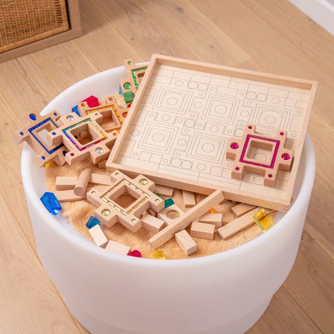 tickit houten blokkenset met glinsterstenen en lucent cubes om te bouwen en puzzelen