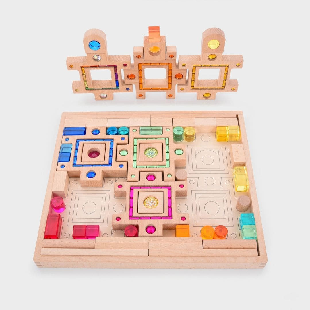 tickit houten blokkenset met glinsterstenen en lucent cubes om te bouwen en puzzelen