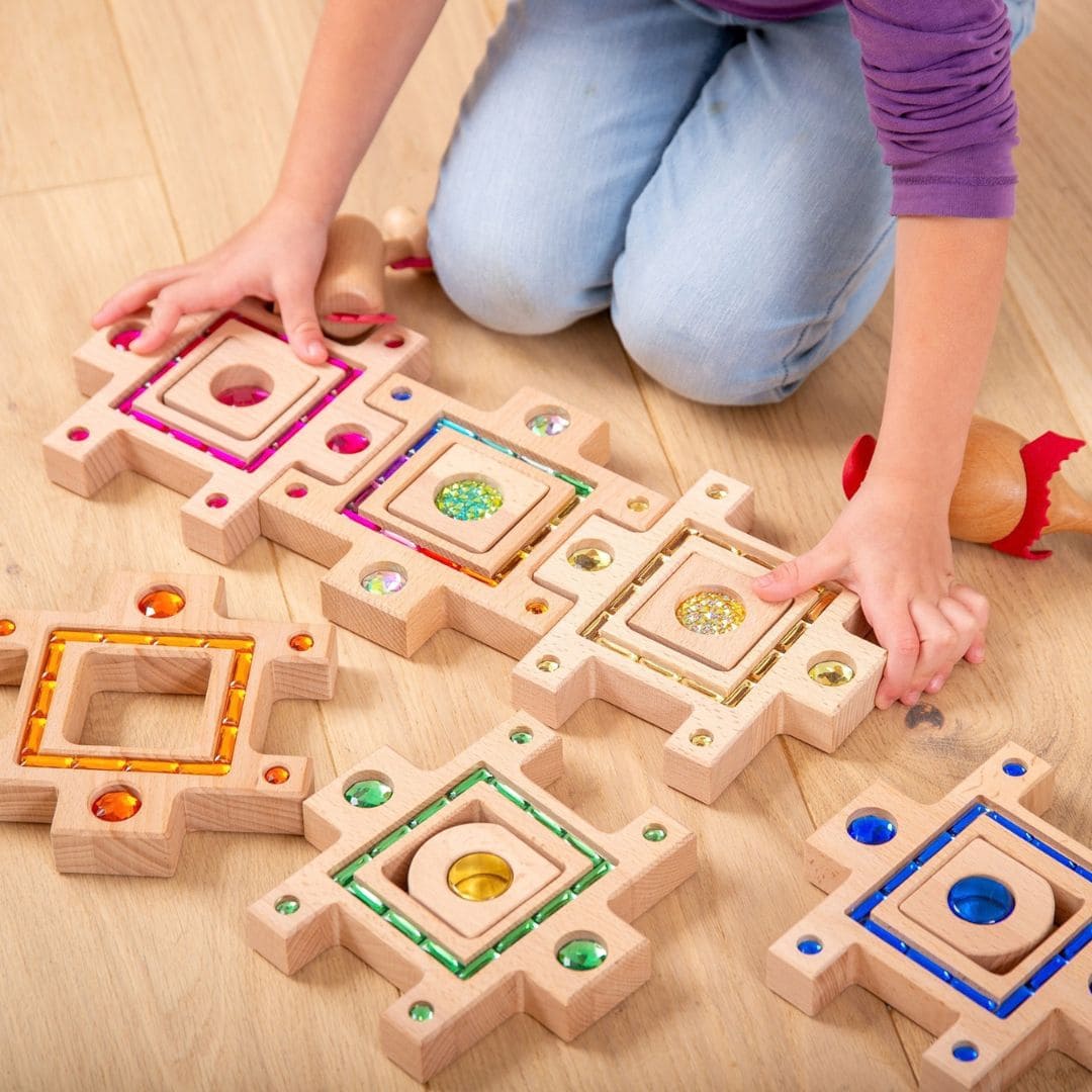 tickit houten blokkenset met glinsterstenen en lucent cubes om te bouwen en puzzelen