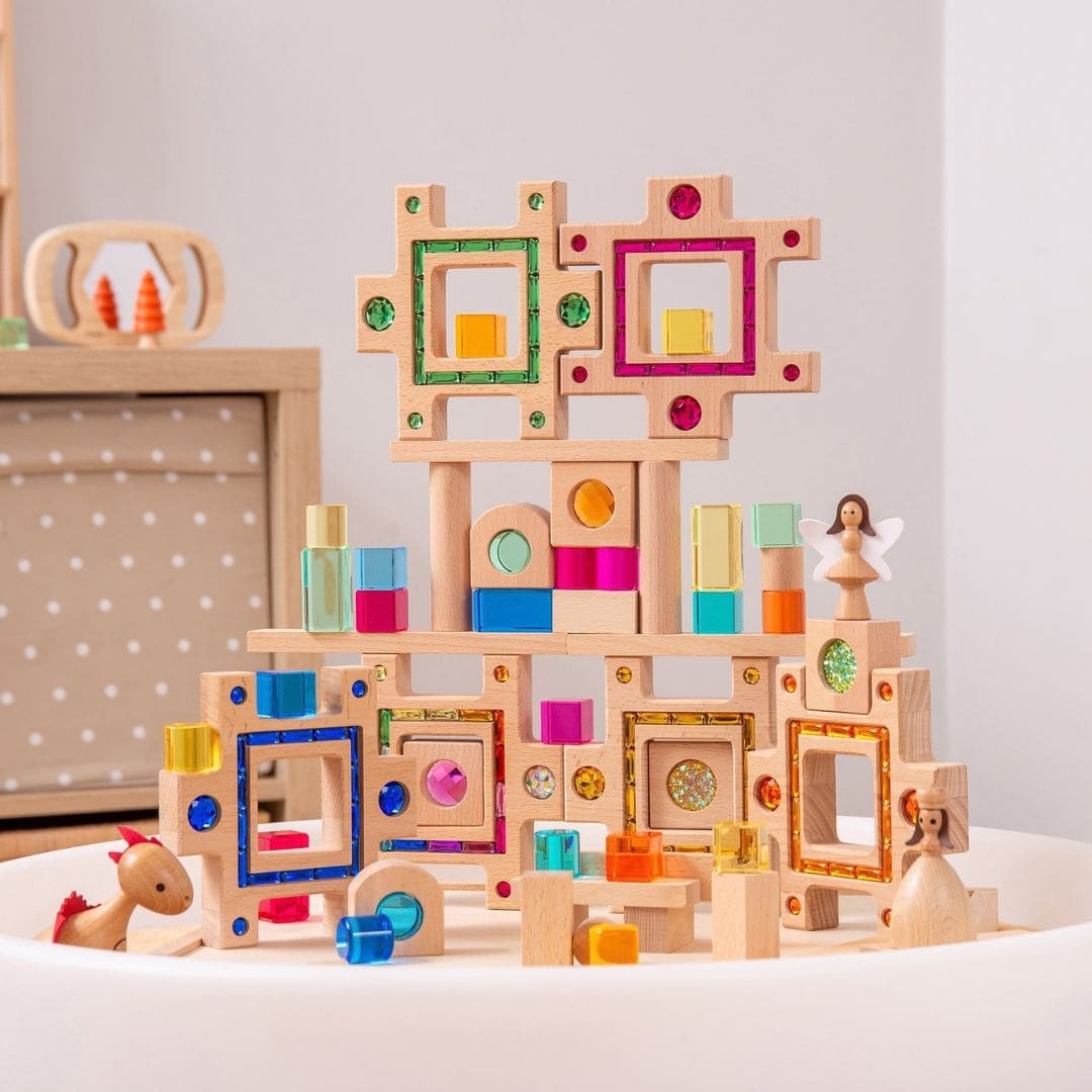 tickit houten blokkenset met glinsterstenen en lucent cubes om te bouwen en puzzelen