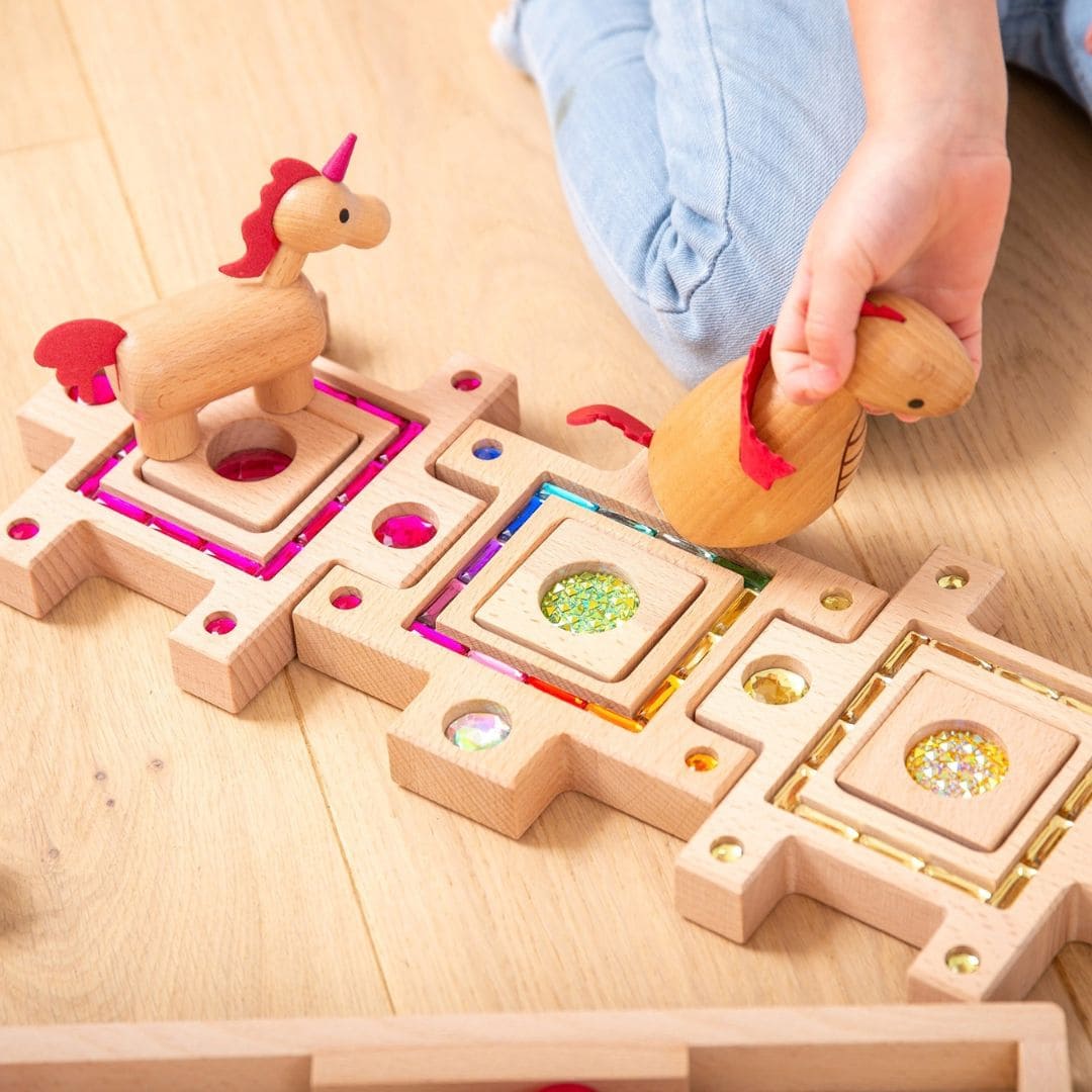 tickit houten blokkenset met glinsterstenen en lucent cubes om te bouwen en puzzelen