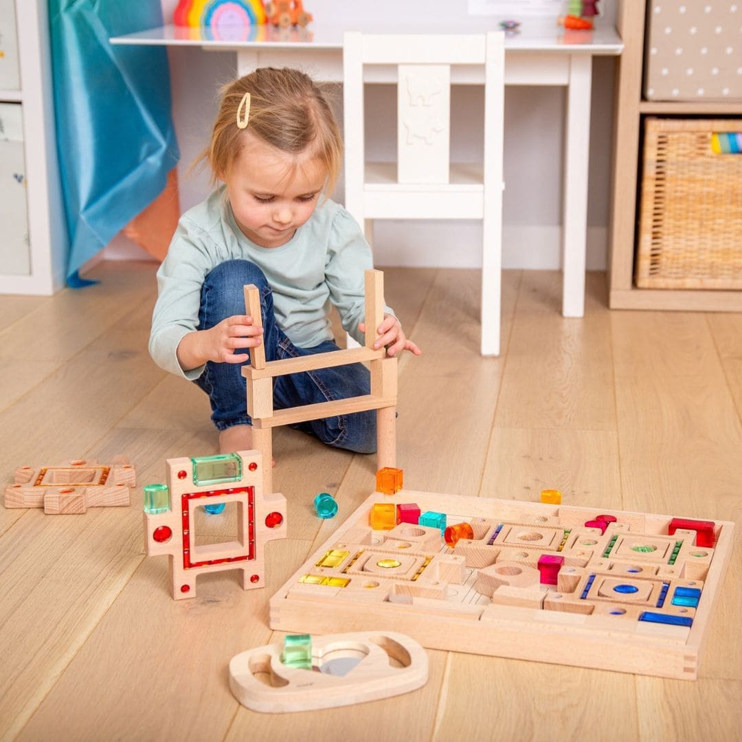 tickit houten blokkenset met glinsterstenen en lucent cubes om te bouwen en puzzelen