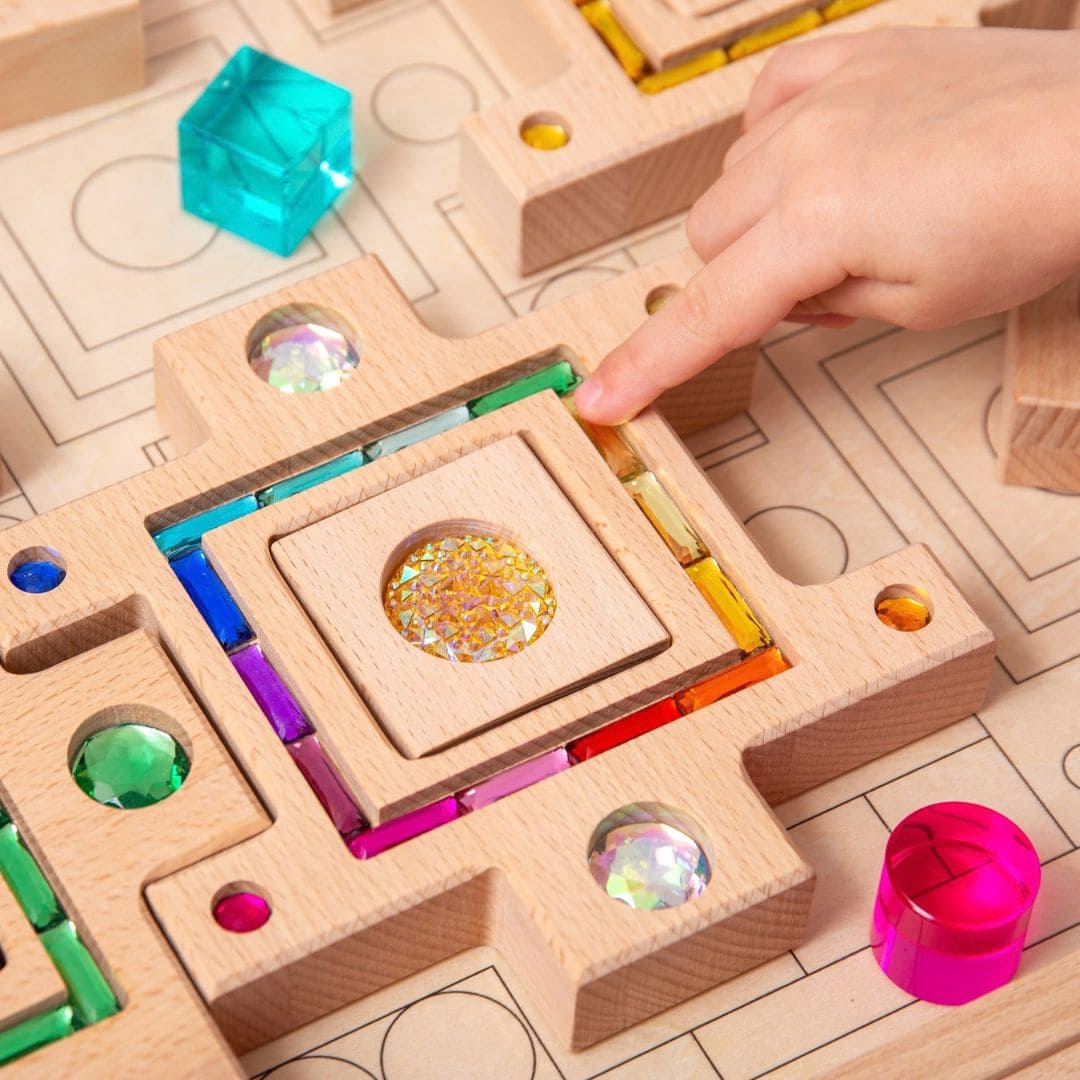 tickit houten blokkenset met glinsterstenen en lucent cubes om te bouwen en puzzelen