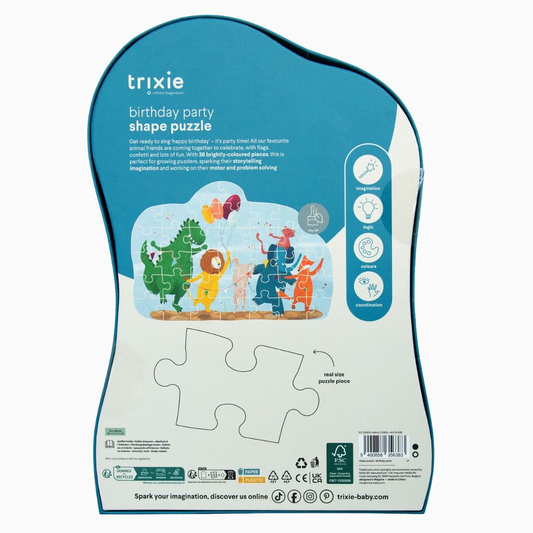 Trixie vormen puzzel van karton in het thema verjaardag met 36 puzzelstukjes